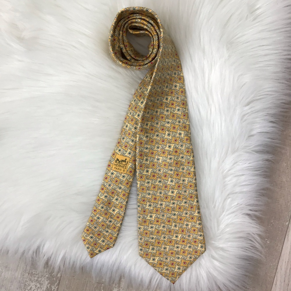 Vintage Hermes Yellow Abstract Print Silk Tie